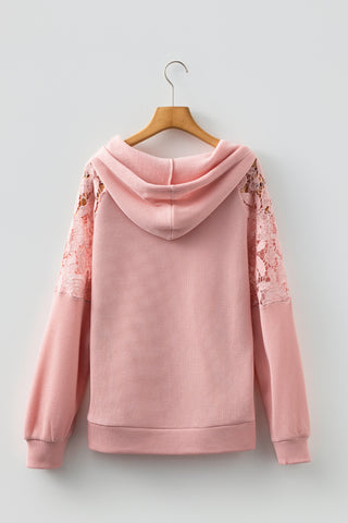 Gossamer Pink Lace Patchwork Raglan Sleeve Kangaroo Pocket Waffle Hoodie