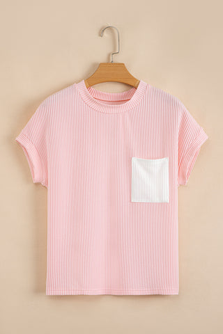 Pink Corded Knit Color Block Pocketed Crew Neck T Shirt
