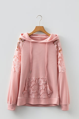 Gossamer Pink Lace Patchwork Raglan Sleeve Kangaroo Pocket Waffle Hoodie
