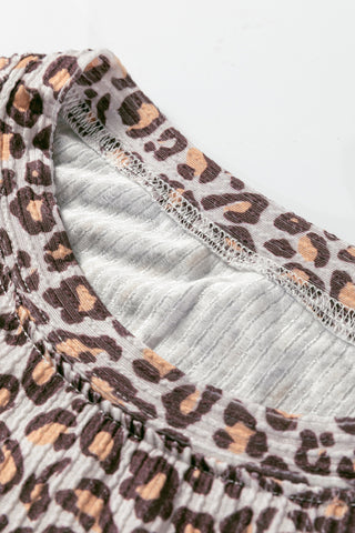 Khaki Leopard Ribbed Long Sleeve Top Drawstring Shorts 2pcs Outfit