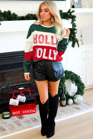 Green Sequined HOLLY JOLLY Color Block Crew Neck Sweater