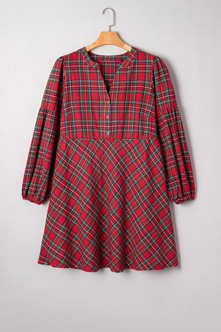 Red Plus Size Plaid Half Button Long Sleeve Holiday Dress