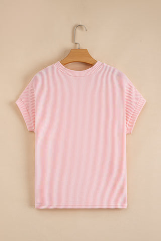 Pink Corded Knit Color Block Pocketed Crew Neck T Shirt
