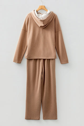 Dark Khaki Leopard Drawstring Pullover Hoodie and High Waist Pants Corduroy Suit