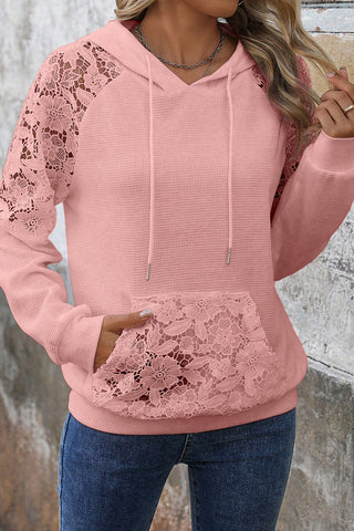 Gossamer Pink Lace Patchwork Raglan Sleeve Kangaroo Pocket Waffle Hoodie
