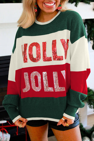 Green Sequined HOLLY JOLLY Color Block Crew Neck Sweater