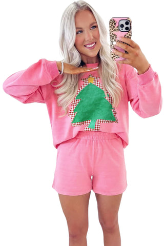 Sachet Pink Plaid Contrasted Double Christmas Tree Patched Raglan Sleeve Pullover 2pcs Short Set