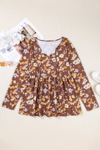 Khaki Floral Textured Tied Neck Long Sleeve Plus Size Babydoll Blouse