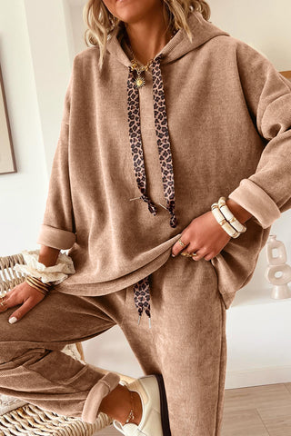 Dark Khaki Leopard Drawstring Pullover Hoodie and High Waist Pants Corduroy Suit