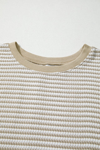 Brown Stripe Plus Size Breathable Knit Ribbed Trim Long Sleeve Top