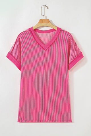 Rose Red Twisted Ribbed Knit V Neck Casual Tee