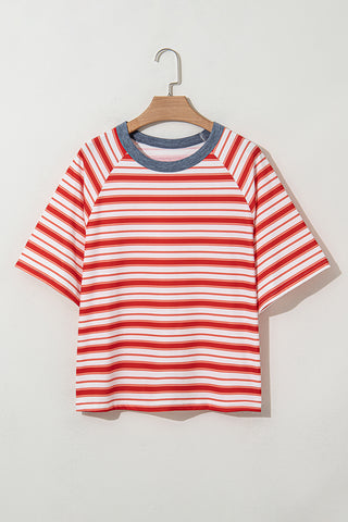 Tomato Red Stripe Print Contrast Collar Raglan Sleeve T Shirt