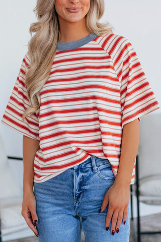 Tomato Red Stripe Print Contrast Collar Raglan Sleeve T Shirt