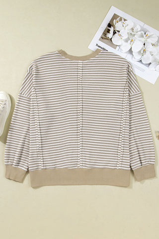 Brown Stripe Plus Size Breathable Knit Ribbed Trim Long Sleeve Top