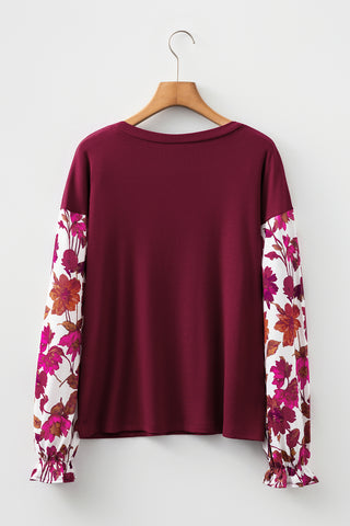 Wild Ginger Contrast Floral Sleeve Solid Ribbed Body Patchwork Long Sleeve Top