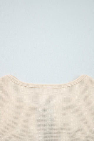 Beige Waffle Stripe Plaid Patchwork Henley Knit Top