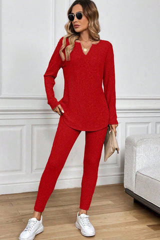 Racing Red Ribbed Notched Neck Knit Long Sleeve Leggings Two Pieces Lounge Set