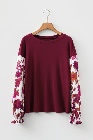 Wild Ginger Contrast Floral Sleeve Solid Ribbed Body Patchwork Long Sleeve Top