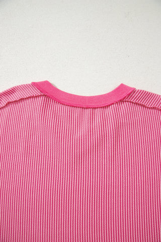 Rose Red Twisted Ribbed Knit V Neck Casual Tee