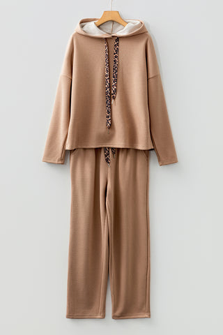 Dark Khaki Leopard Drawstring Pullover Hoodie and High Waist Pants Corduroy Suit