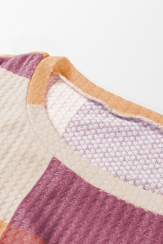 Rose Red Checkered Print Textured Knit Long Sleeve Loose Top