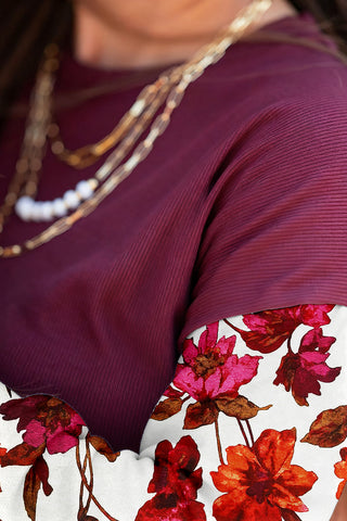 Wild Ginger Contrast Floral Sleeve Solid Ribbed Body Patchwork Long Sleeve Top