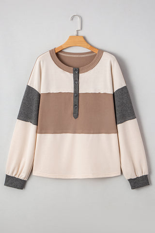 Jet Stream Color Block Waffled Patchwork Loose Henley Top