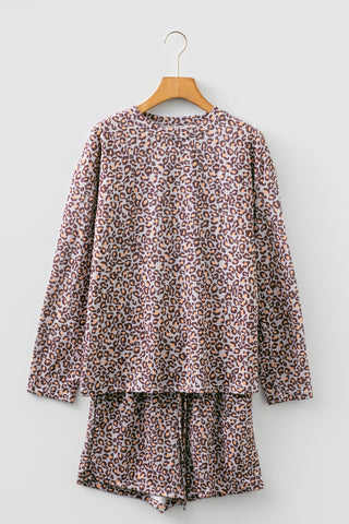 Khaki Leopard Ribbed Long Sleeve Top Drawstring Shorts 2pcs Outfit
