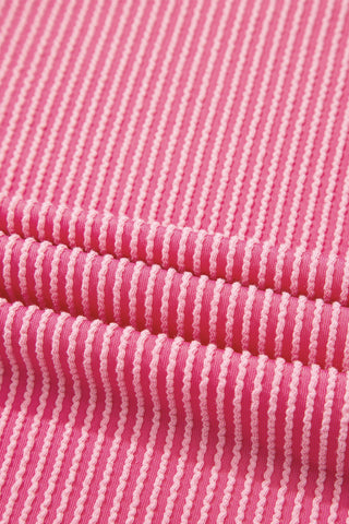 Rose Red Twisted Ribbed Knit V Neck Casual Tee