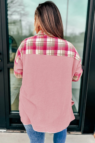 Pink Waffle Patch Pocket Plaid Patchwork Plus Size Shirt